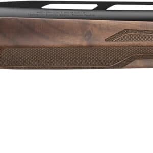 Semi-automatic shotgun with wood finish and long barrel.