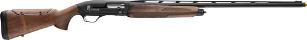 Semi-automatic shotgun with wood finish and long barrel.