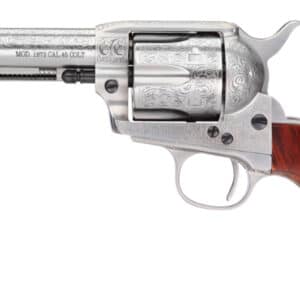 Engraved Colt revolver with wooden handle.