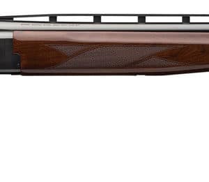 Side view of wooden double-barrel shotgun.