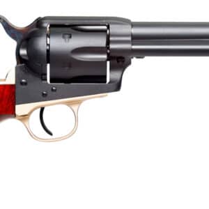 Vintage revolver with wooden handle on white background.