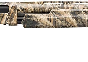 Camouflage pump-action shotgun for hunting.