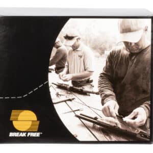 Men cleaning rifles at outdoor range, Break Free logo.