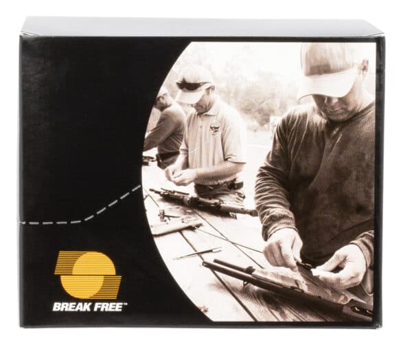 Men cleaning rifles at outdoor range, Break Free logo.