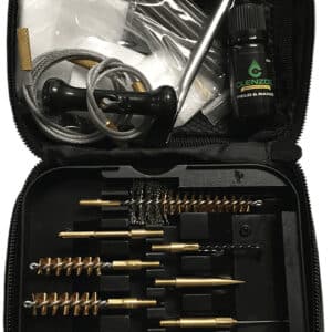 Gun cleaning kit with brushes and oil.