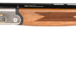 Wooden double-barrel shotgun with engraved metal accents.
