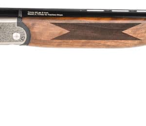 Side view of a wooden hunting shotgun.