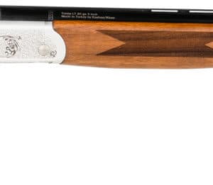 Classic wooden shotgun with double barrel design.