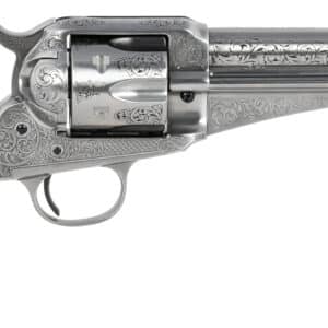 Silver engraved revolver with wooden handle