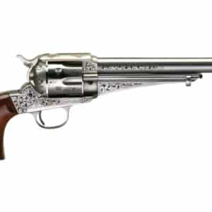Engraved revolver with wooden handle
