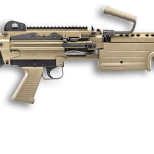 Tan-colored military machine gun on white background.