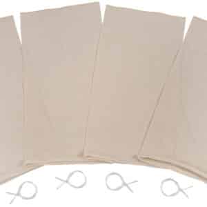 Four beige reusable produce bags with ties