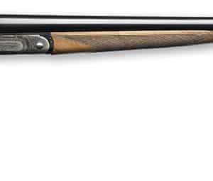 Double-barreled shotgun with wooden stock.