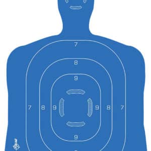 Blue silhouette shooting target with scoring rings.