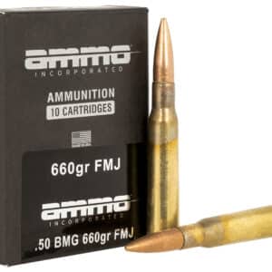 Box of .50 BMG ammunition with cartridges
