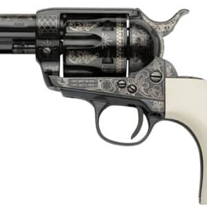 Antique revolver with intricate engravings and ivory grip.