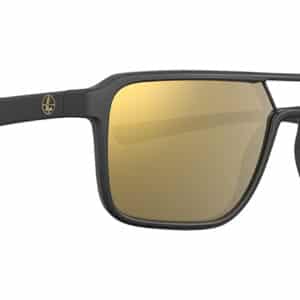 Black sunglasses with gold lenses on white background.