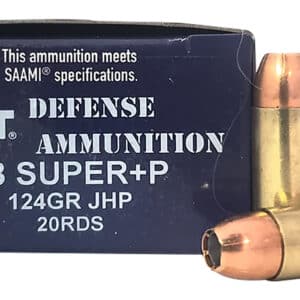 Colt 38 Super+P defense ammunition box and bullets.