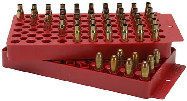 Red ammo trays with bullets arranged.