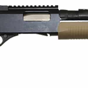 Pump-action shotgun with tan and black design.