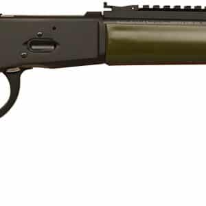 Lever-action rifle with green stock and black barrel.