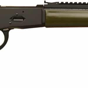 Green lever-action hunting rifle, side view.