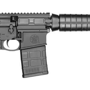 Black tactical rifle on white background.