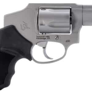 Silver revolver with black grip handle.