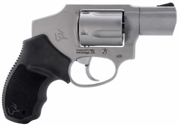 Silver revolver with black grip handle.