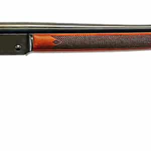 Wooden hunting rifle with barrel and trigger visible.