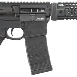 Black tactical rifle with adjustable stock and rail.