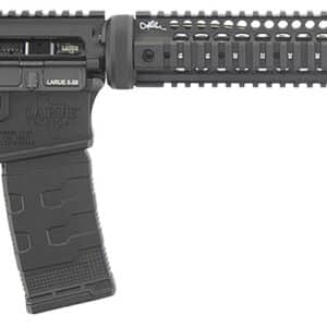 Black tactical rifle on white background.