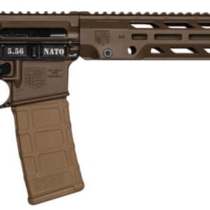 Tan modern rifle with accessories and markings.