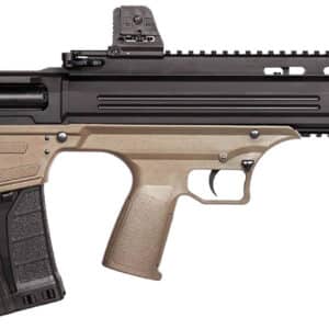 Bullpup shotgun with tactical design and attachments.