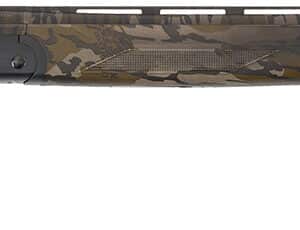 Camo-patterned shotgun with long barrel.