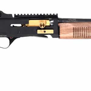 Black and wooden pump-action tactical shotgun