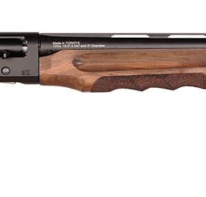 Semi-automatic shotgun with wooden stock and black barrel.