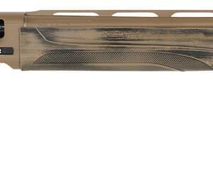 Tan camo hunting shotgun, side view