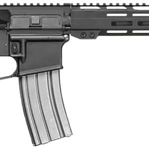 Black tactical rifle with extended barrel.