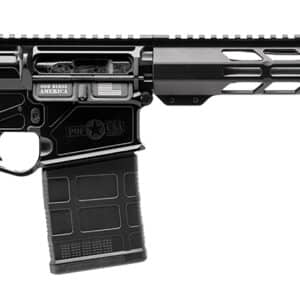 Black modern rifle with tactical rail system.
