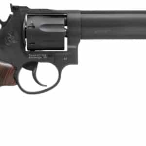 Black revolver with wooden grip handle.