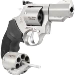 Silver revolver with open cylinder