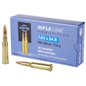 Box of 7.62x54R rifle ammunition cartridges.