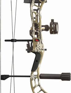 Camouflage compound bow with pulleys and cables.