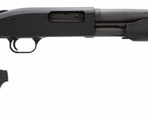 Black pump-action shotgun with spare grip attachment.