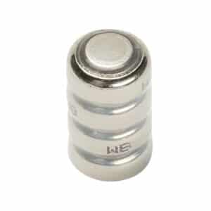 Silver cylindrical magnet-shaped object on white background.