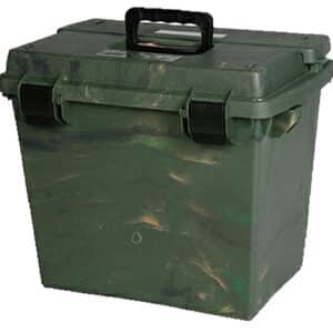 Green waterproof storage box with handle.
