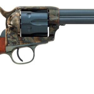 Classic six-shooter revolver with wooden grip.