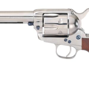 Silver revolver with wooden handle on white background.