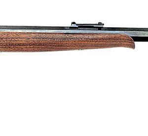 Antique rifle with wooden stock and metal barrel.